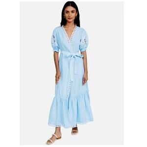 Fanm Mon Blue Linen Cide Wrap Midi Dress Embroidered Puff Sleeve Tuckernuck XS